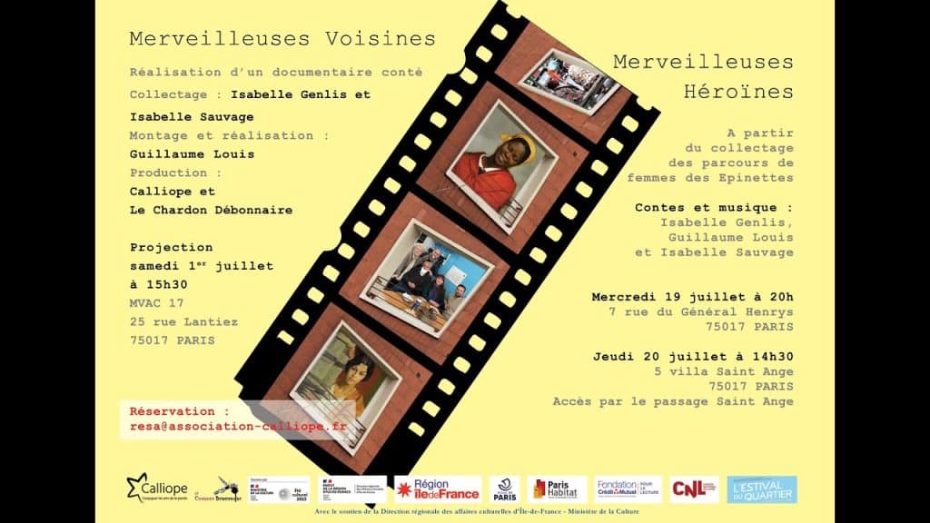 Visuel d’annonce de la projection du documentaire conté « Merveilleuses voisines », samedi 1er juillet 2023 | ASSOCIATION CALLIOPE/FACEBOOK